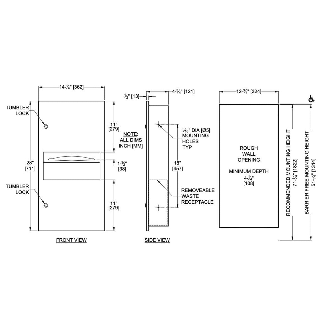 ASI 645210AC-41 Piatto Recessed Automatic Roll Paper Towel Dispenser (AC Plug-In), Black Phenolic Door, 16-1/16 x 28 x 9-13/16